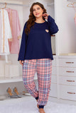 In Vogue & Classy Plus Size Heart Graphic Top and Plaid Joggers Lounge Set Navy / 1XL