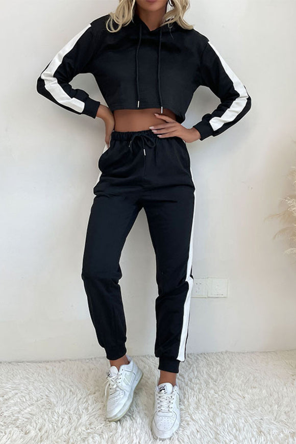 In Vogue & Classy Side Stripe Cropped Hoodie and Jogger Set Black / S